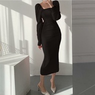 Dress bodycon rajut hitam dress knit midi tangan panjang sexy ketat