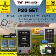 PRO FENCE P20 Energizer PWB20 Set for 0.5 - 7.0 Acres (AC/DC) Polywire Solar Panel Electric Fence Pa