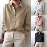 Retro Business Linen Blouse plus size[S-5XL] Women Office Solid Shirt Long Sleeve Korean Cotton Line