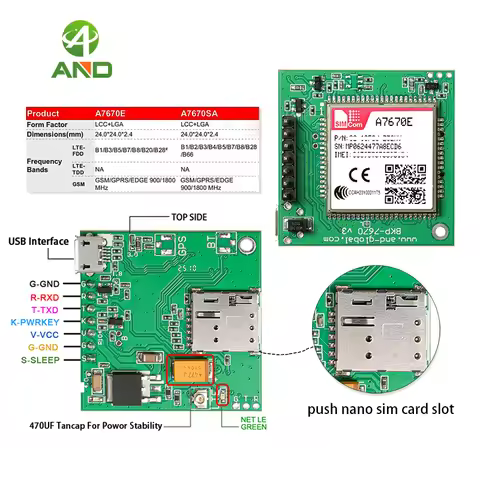 A7670E push nano side way sim slot LTE 4G GPS TTL UART LTE Cat-1 for Europe Midde Asia South Africa