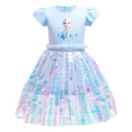 Frozen Princess Girl Dresses for Kids Short Sleeve Vintage Sequin Skirt Pink Blue Party Costume Birthday Dress Kid Girls Clothing
