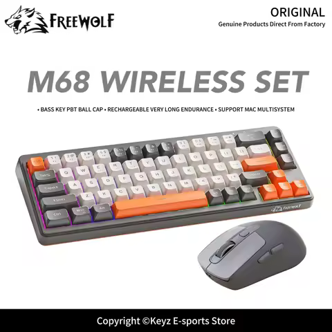 Wireless Tri-Mode Gaming Keyboard PBT Ball Cap 2000mAh Battery FREEWOLF M68 Rainbow RGB Backlit 68 K