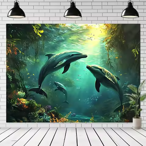 1pc Surreal Underwater Dolphin Scene Tapestry - Vibrant Polyester Wall Hanging for Living Room, Bedr