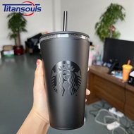 Ready✅ 473ml reusable Starbucks tumbler black Double Layer Matte Black Coffee Cup Frosted Straw Cup TTS