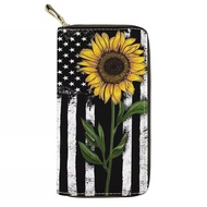 PIHNSDUA Sunflower Wallet for Women American Flag Purse with Card Holder PU Leather Zip Around Clutc