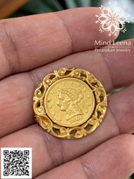 เข็มกลัดเหรียญทองกิมตุ้นโบราณทองคำแท้ อายุ 119 ปี คศ.1904 มีตราประทับร้านเป็นภาษาจีนด้านหลัง...