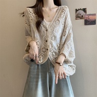 HANLUOGE | Áo Nữ Mùa Hè Dày Chống Nắng Kiểu Boho Đai Xỏ Dây Cổ V Oversized