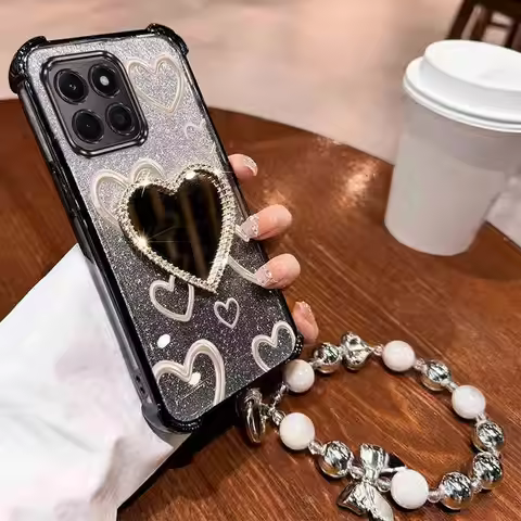 Wrist Strap Glitter Love Heart Mirror Phone Case For Huawei Honor X6A X6B X7 X7A X7B X8 X8A X8B X9 X