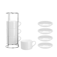 [qua]-Porcelain Stackable Cappuccino Cups with Saucers and Metal Stand Espresso Cups for Latte Coffe