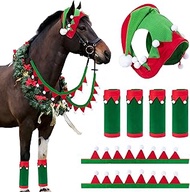 Christmas Horse Costume Accessories - 7Pcs Xmas Horse Decorations Set Included Santa Horse Hat, Rein