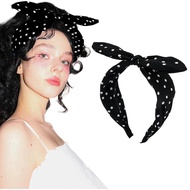Black Polka Dot Headbands for Women Girls Cute Bunny Ears Knotted Bandana Hairband Black Polka Dot B