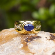 แหวนพลอยไพลิน พลอยแท้จากบ่อมาดากัสการ์ เรือนเงินแท้92.5%ชุบทองคำ24K สไตส์ไทยโบราณ พลอยสีน้ำเงินกำมะห