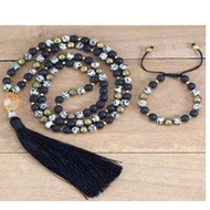 YTR210827-1 Vintage Yoga Natural Stone Dalmation Jasper Gold Lava 108 Mala Beads Necklace With Black Tassel Meditation