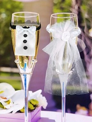 2入組新娘新郎酒杯香檳杯裝飾品,玻璃diy新娘婚禮派對裝飾用品