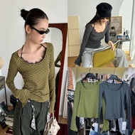 SU555 Long-Sleeved Striped Shirt Wide Round Neck Lace Trim At The Good Fabric Comfortable To Wear Fl