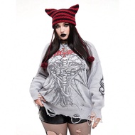 Goth Punk Punk Goth Style Pullover Sweater, Halloween Dark Graphic Print Design Knit Pullover Fall W