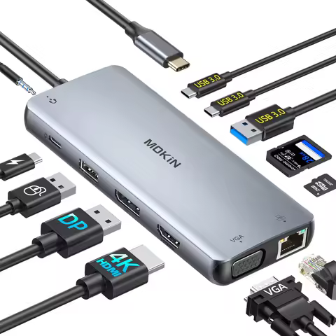 MOKiN 14 in 1 Docking Station Dual Monitor,USB C HUB with 4K60Hz HDMI,VGA,DP,RJ45 1Gbps,4 USB Ports,