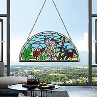 YOURANJU Stained Glass Window Hanging Handicraft 16” Egret Half Moon Glass Window Panel Tiffany Anim