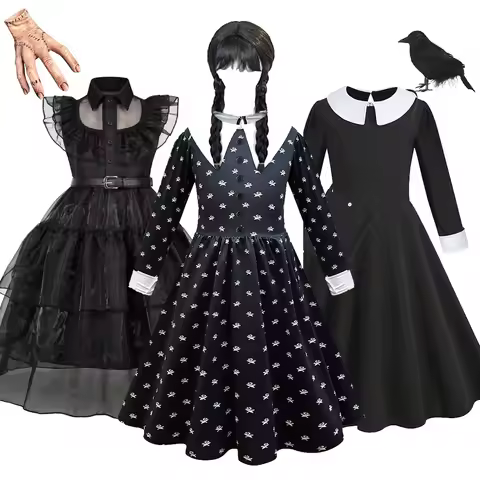 Children Addams Costume Baby Girls Family Cosplay Halloween Costume Kids Family Dancing Black Dress