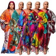 N10248 Women's V-Neck Long Skirt Long Sleeve Simulation Silk Printed Dress