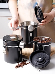 1套不銹鋼咖啡豆密封罐,帶蓋和量匙(噴漆黑色),全能穀物儲存容器,提供1l/1.5l/2l選擇,適用於咖啡存放