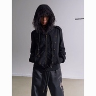 Y2k Light Asian Style Rivets Retro Fur Collar Genuine Shoulder Fleece Lining Hooded Sweatshirt Autum