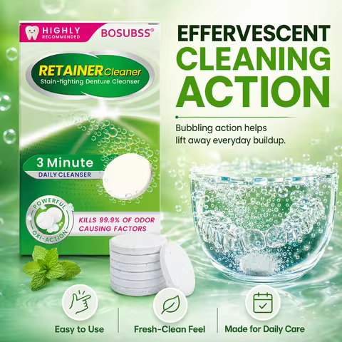 BOSUBSS Oral Appliance Cleaner Tablets, Retainer Denture Cleaning Tablets Oxi-Action for Odor Remova