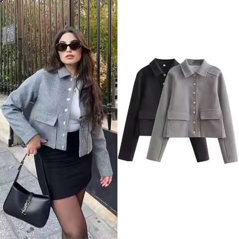 HXAO Women's Aviator Black Jacket Wool & Blends Coats Cropped Bomber Jacket Autumn Winter Demi-seaso
