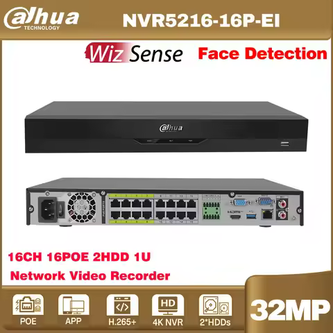 Original Dahua NVR5216-16P-EI NVR5232-16P-EI 16/32CH 1U 16PoE 2HDD WizSense Network Video Recorder A