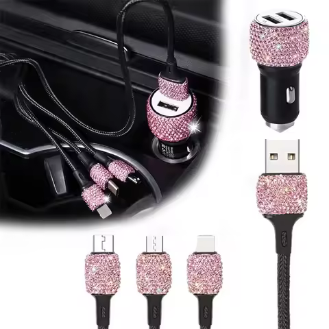 USB Car Charger Pink Crystal Diamond 5V 2.1A Dual Port Fast Charging Adapter 3 in 1 Cable for IPhone
