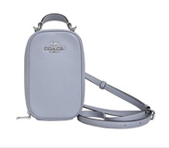 COACH EVA PHONE CROSSBODY 斜孭袋 女 莫蘭迪霧灰藍荔枝紋全皮拉鍊直式斜背包/手機包/隨身包