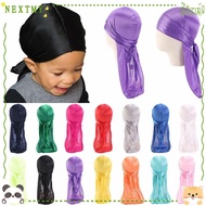 NEXTMY 2Pcs Elastic Headwrap, Imitation Silk Durag Pirate Hat, Bandana Hip Hop Long Tail Pre-Tied Baby Turban Hijab Boy