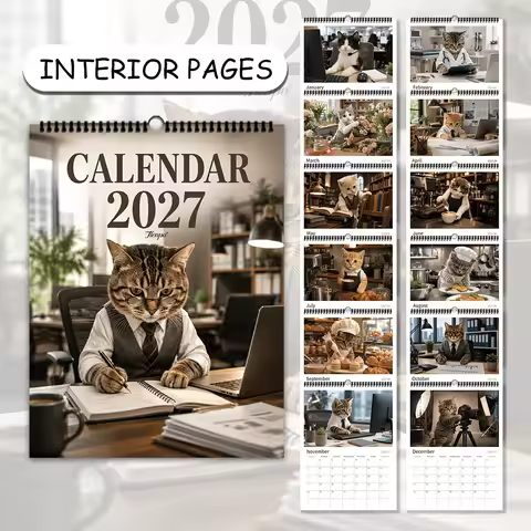 1pc 2027 Wall Calendar, Workplace Cats Theme, 12-Month Monthly Planner, Perfect Gift for Birthdays, 