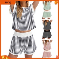 Soft Women Suit Figure-flattering Suit Striped Short Sleeve Lounge Set for Women Summer Casual Ribbe