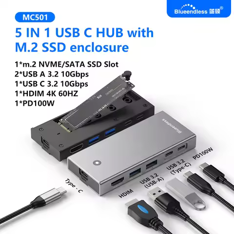 Blueendless m2 Sata/NVMe SSD Enclosure USB C hub Laptop Docking Station 4K 60Hz HDMI-Com USB3.2 10Gb