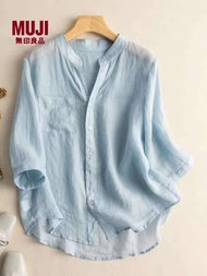 MUJI MUJI เคาน์เตอร์ผู้หญิงที่เรียบง่ายผ้าลินินแขนเจ็ดส่วนเสื้อบาง