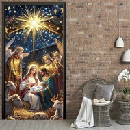 1pc Nativity Scene Christmas Banner - 2D Flat Door Decoration With Mary, Shepherds & Angels, Starry 