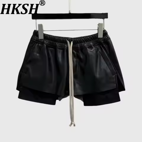 HKSH Summer New Women Dark Style Shorts PU Leather Drawstring Elastic Waist Fashion Punk Streetwear 