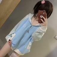 Áo Khoác Dài Tay Có Mũ Trùm Đầu Họa Tiết Sọc Dễ Thương Phong Cách Nhật Bản Chú Mèo Cuddle up Áo Khoá