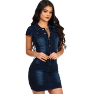 Sexy Turndown Collar Cotton Bodycon Jeans Dress Buttons Summer Plus Size  Party Club Denim Dress Women Short Mini Dress Ddlg