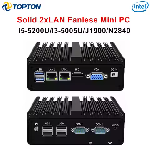 Topton Dual LAN Fanless Mini PC Intel Core i5 5200U i3 5005U Celeron J1900 N2840 6xUSB Industrial Fi