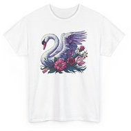 Crown Swan T-Shirt - Artistic Swan Flowers Graphic Tee
