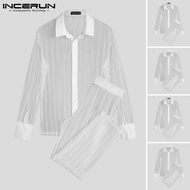 ChArmkpR Store INCERUN Mens Sheer See-Through Long Sleeve Sets Lapel StripedSuits (สไตล์ตะวันตก)