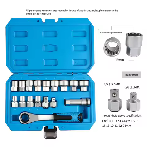 17pcs Pass-Through Socket Set 1-2 & 3-8 Socket Adapter 19mm Extension Bar Reversing Ratchet Wrench S