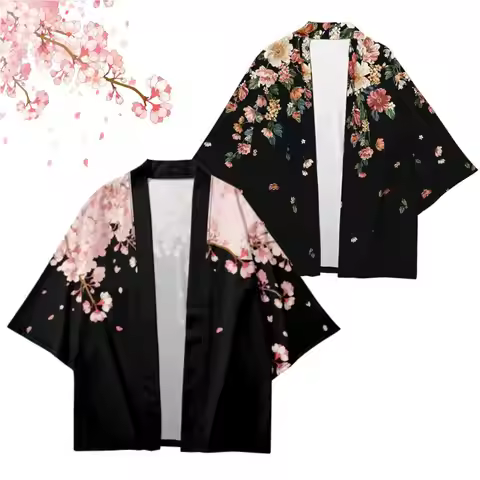 Asian Traditional Clothes Pink Floral Printed Japanese Kimono Men Women Loose 7 Sleeve Harajuku Haor