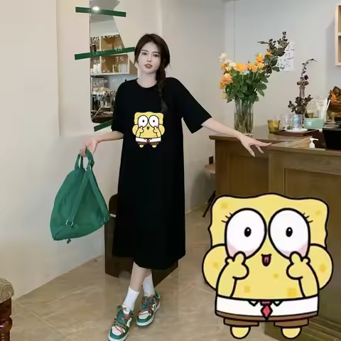 Miniso SpongeBob T-shirts Dress SpongeBob Printing 40-90kg Women Lone Style Gray Colour Fat Large Si