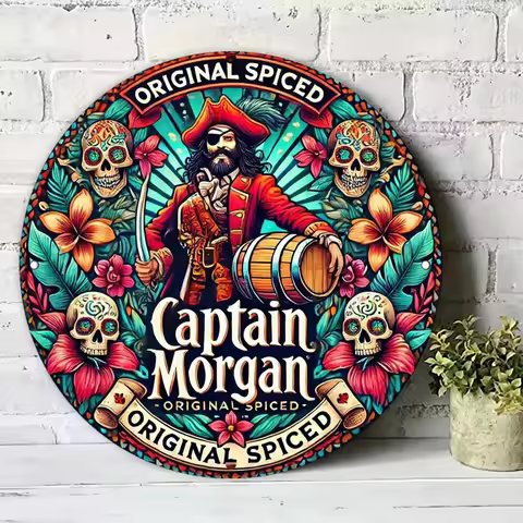 2D Flat "Captain Morgan Original Spiced" Pirate Round Metal Tin Sign - Tropical Rum Themed Wall Deco