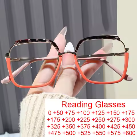 New Fashion Anti Blue Light Reading Glasses Women TR90 Metal Big Square Leopard Orange Eyeglasses Op