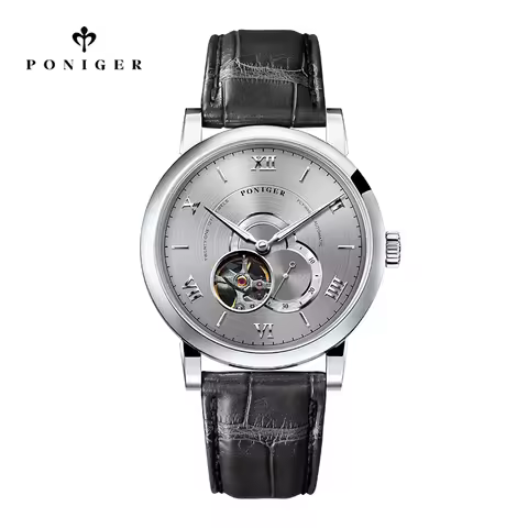 PONIGER New Style MIYOTA 82S5 Movement Thin Men Wrist Watch 41.5mm Classic Skeleton Design Luminous 