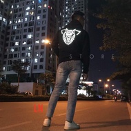 Men's and women's sweatshirt hoodie with hades wolf head printed on 2 silver reflective sides